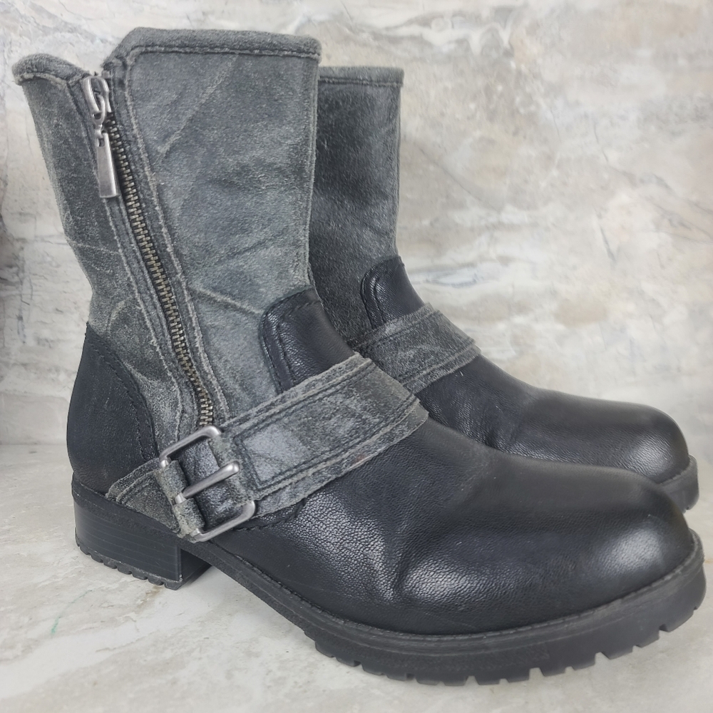 Clarks Faralyn Rise Black Charcoal Nubuck Leather Moto Double Zip Ankle Boot 8.5